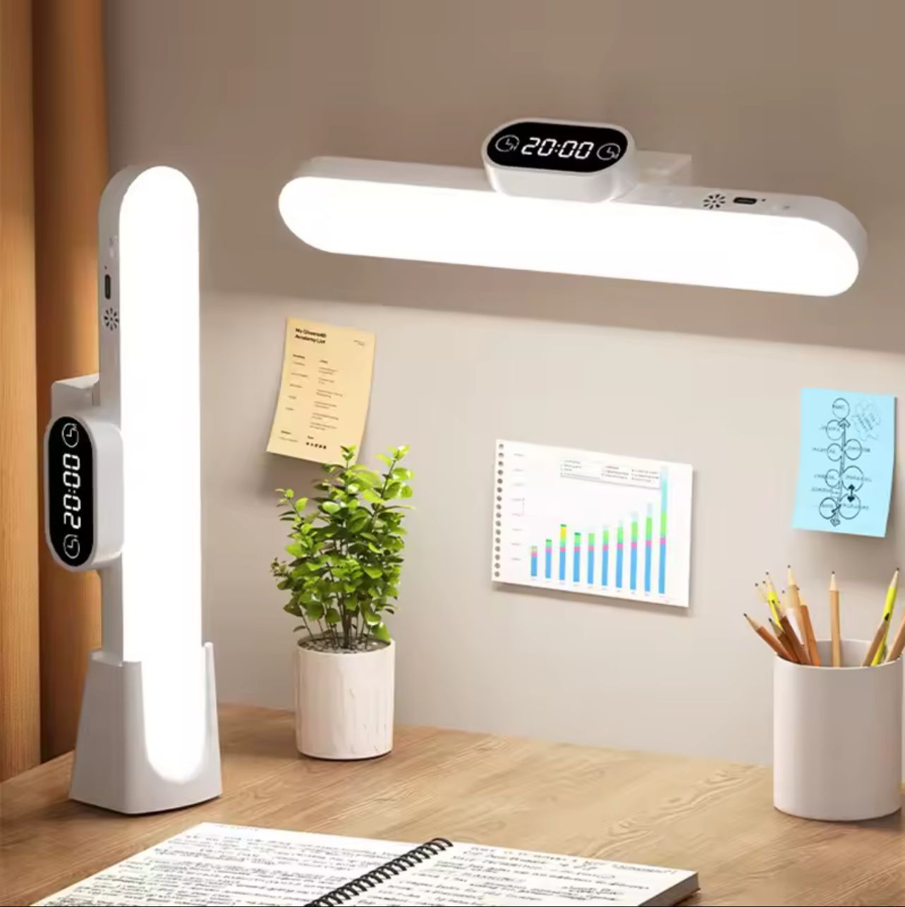 Magnetic LED Desk Lamp with Clock & Stepless Dimming