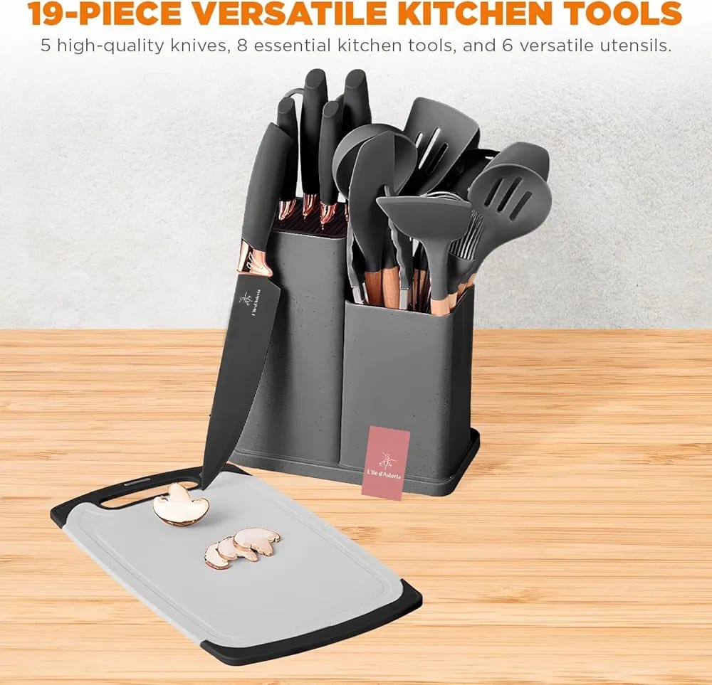 19-Piece Kitchen Knife & Silicone Utensil Set with Block