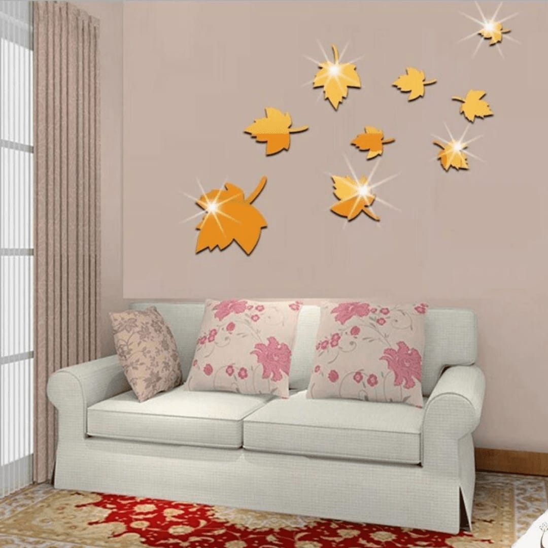 3D Maple Leaf Shape Acrylic Mirror Surface Wall Sticker Home Decoration Silver