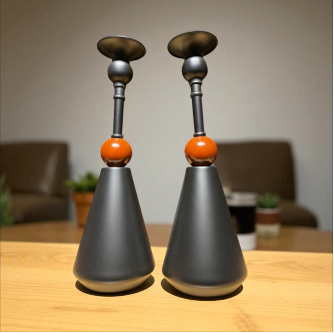 Luxury Black Metal & Wood Candlestick - set of 2