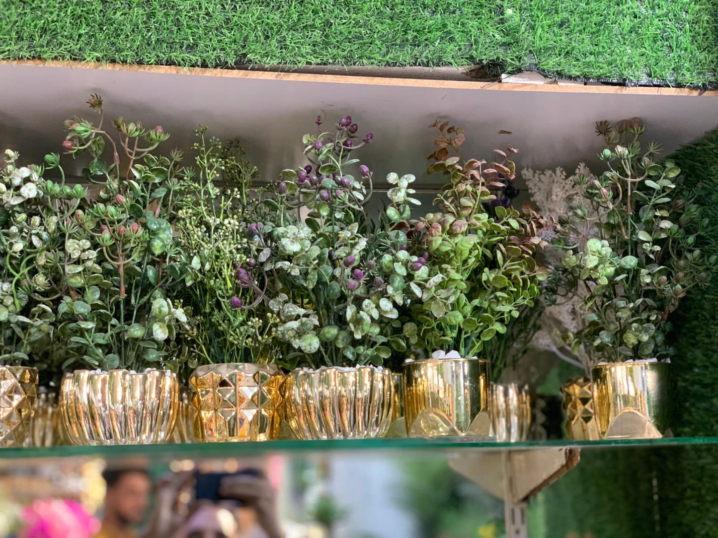 Golden Geometric Planter with Artificial Greenery