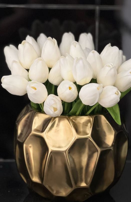 White Tulip in Gold Ceramic Vase
