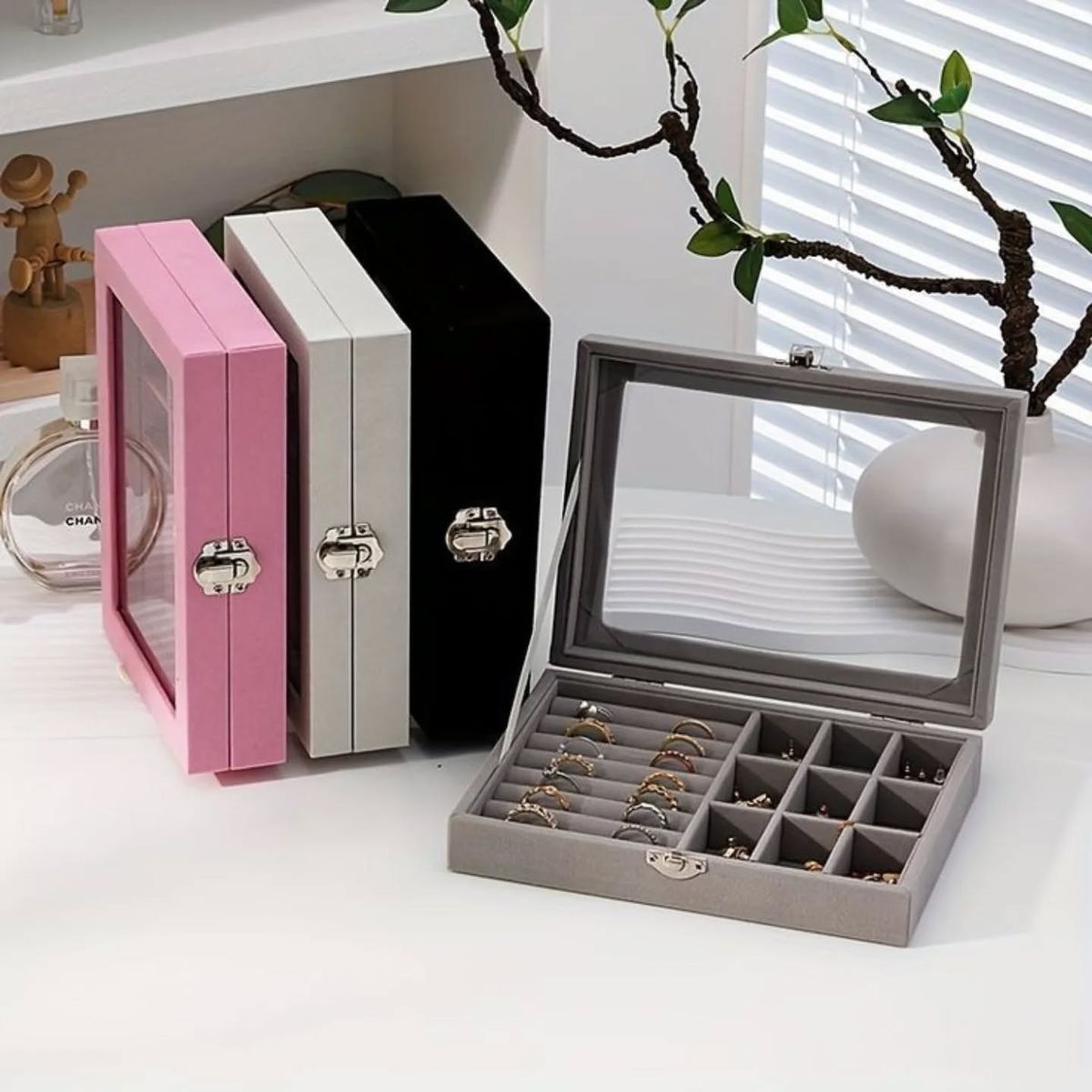 Velvet Clear Lid Jewellery Organizer Box