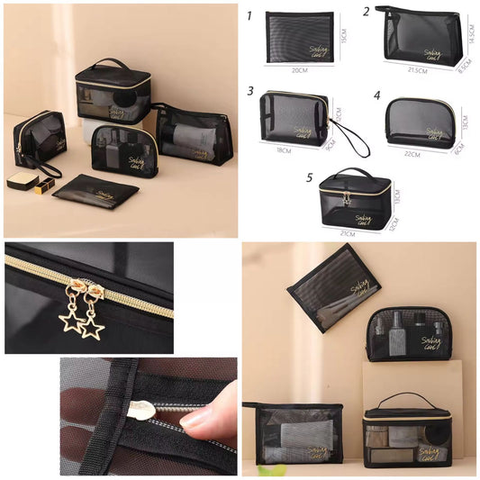 5pcs Zipper Mesh Cosmetics Bag Set