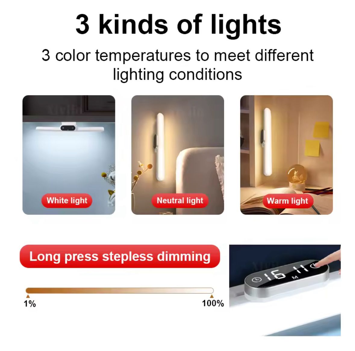 Magnetic LED Desk Lamp with Clock & Stepless Dimming