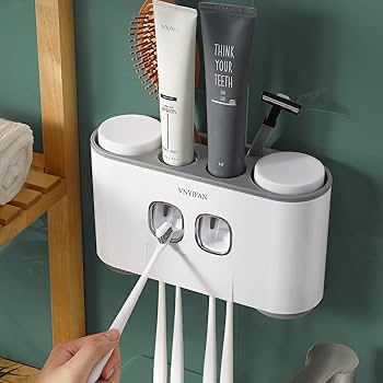 Bathroom Organizer Set with 6-Slot Toothbrush Holder and Dispenser