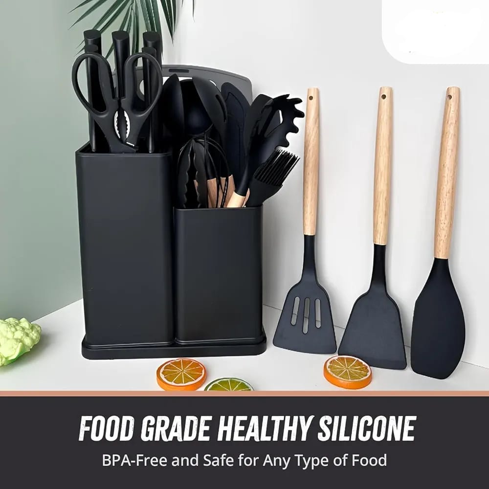 19-Piece Kitchen Knife & Silicone Utensil Set with Block
