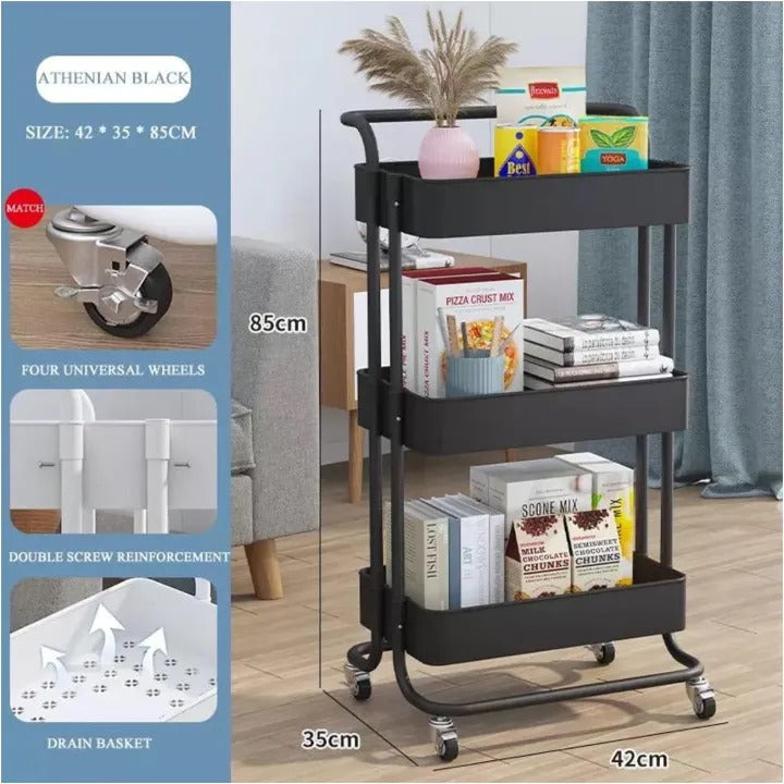 Modern 3-Tier Rolling Cart with Drawer & Desktop