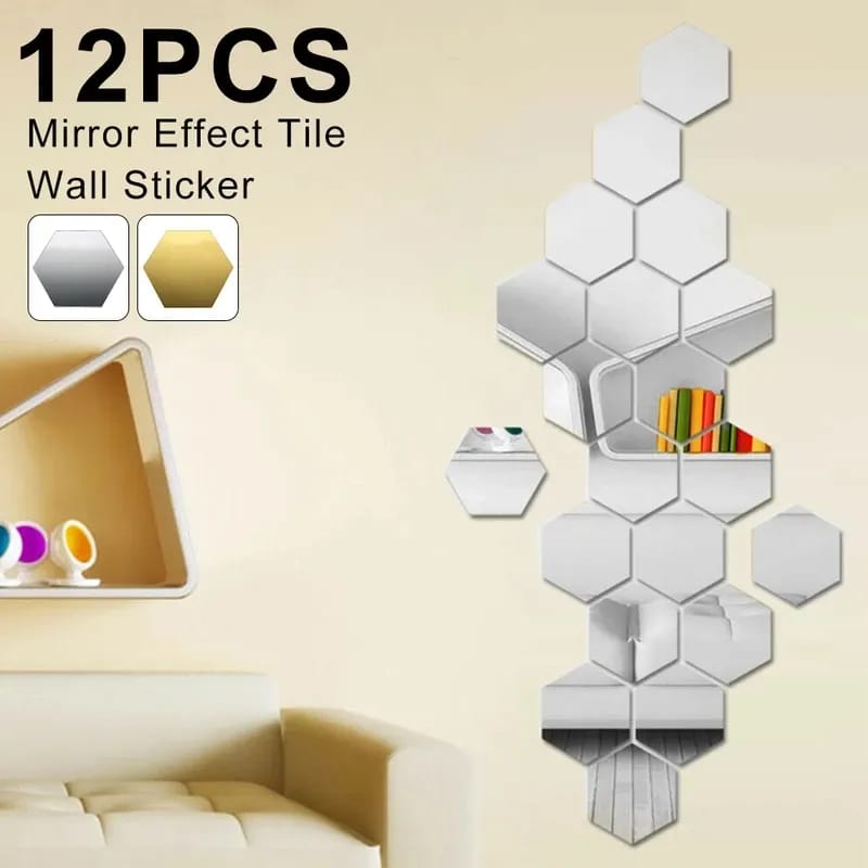 12pcs Wall Craft 3D Acrylic Mirror Hexagon Shape - Big Size