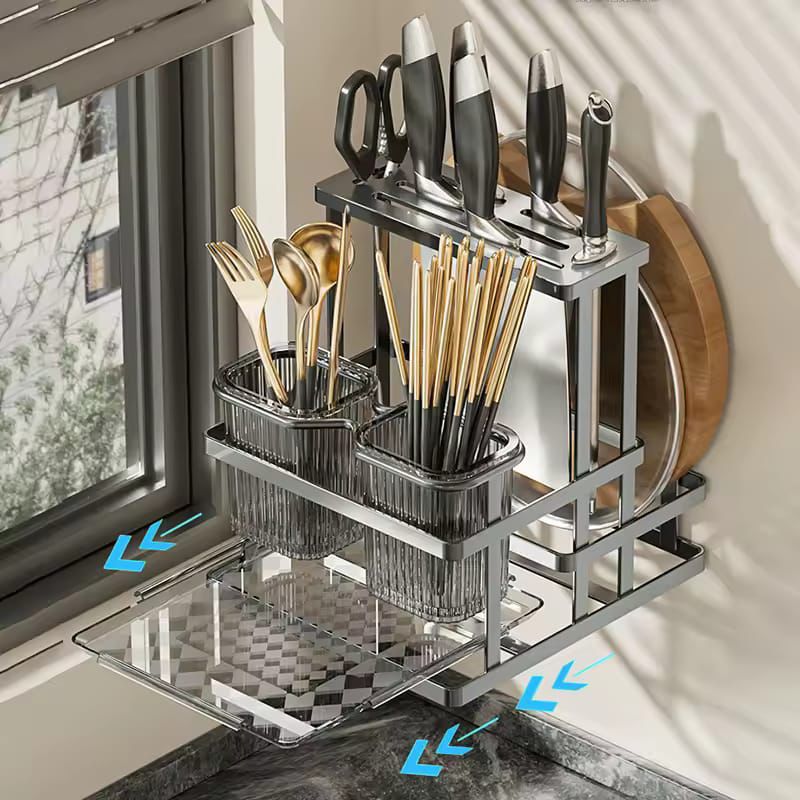 Stainless Steel Cutlery and Pot Cover Wall Rack