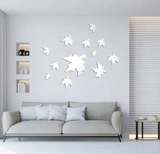 3D Maple Leaf Shape Acrylic Mirror Surface Wall Sticker Home Decoration Silver