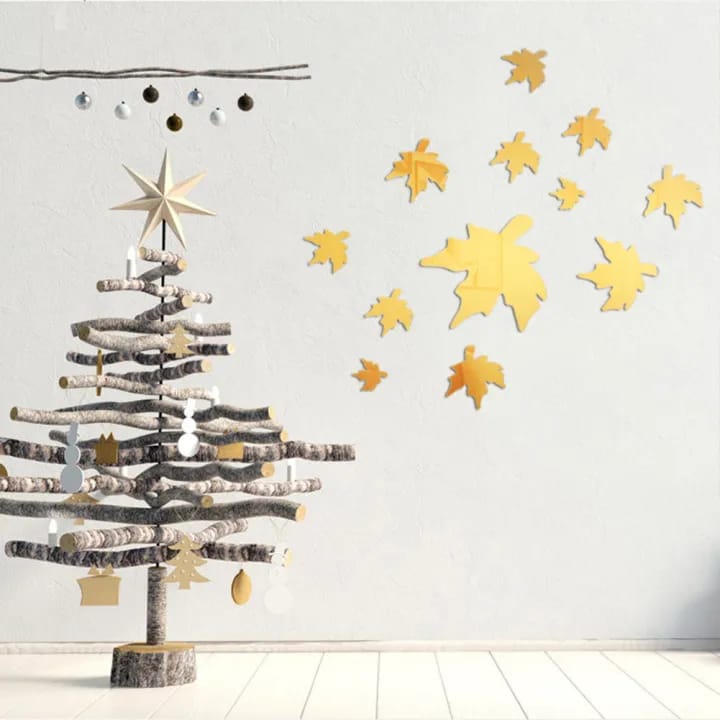3D Maple Leaf Shape Acrylic Mirror Surface Wall Sticker Home Decoration Silver