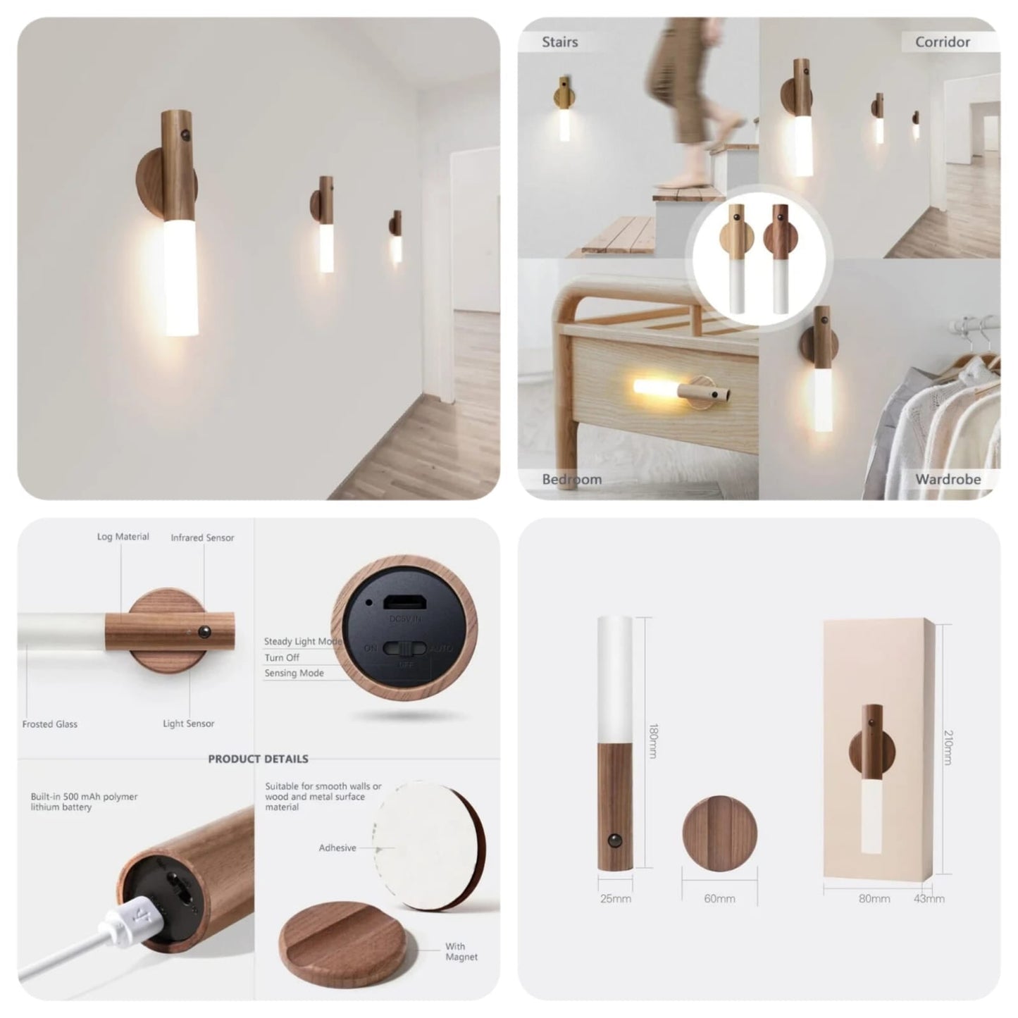 Motion Sensor Night Light with Wood Base