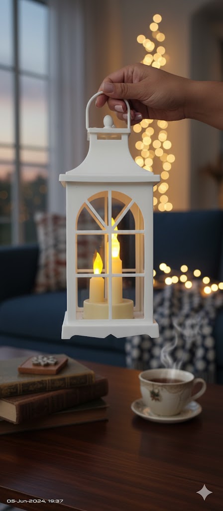 Decorative White Lantern with Flickering LED Candles